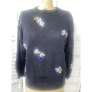 VTG Anytime Glitz 90s Y2K Black Knit Sweater Jewel Rhinestones Bling Sz Large
